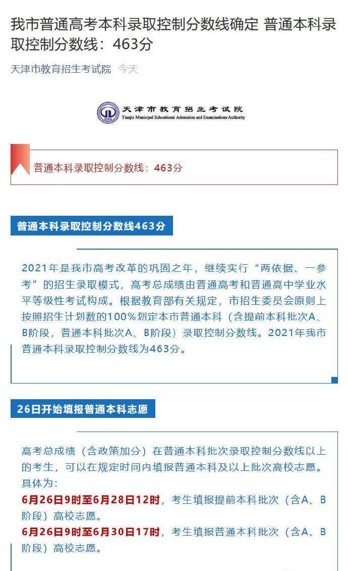 2022天津高考分数线出炉