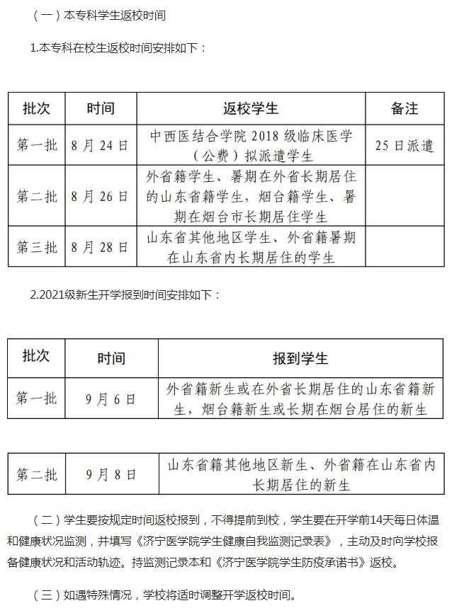 2021济宁医学院秋季返校时间安排